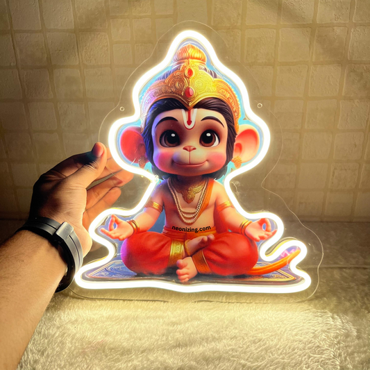 Sitting Hanuman Ji Neon Artwork - Hanuman Ji's Blessings In Neon