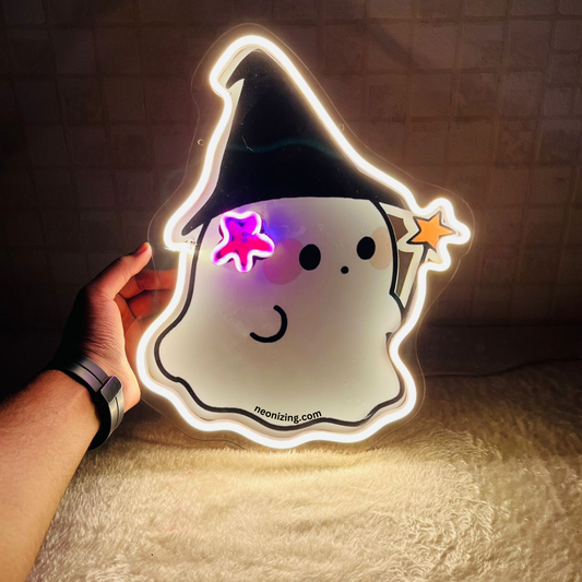 Cute Ghost Wizard Neon Artwork - Magical Ghostly Glow