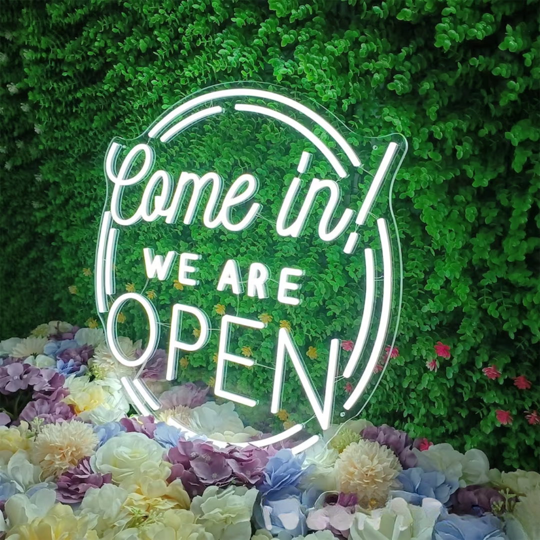 Come in, We are OPEN Neon Sign - Illuminate Your Entrance with Inviting Vibes