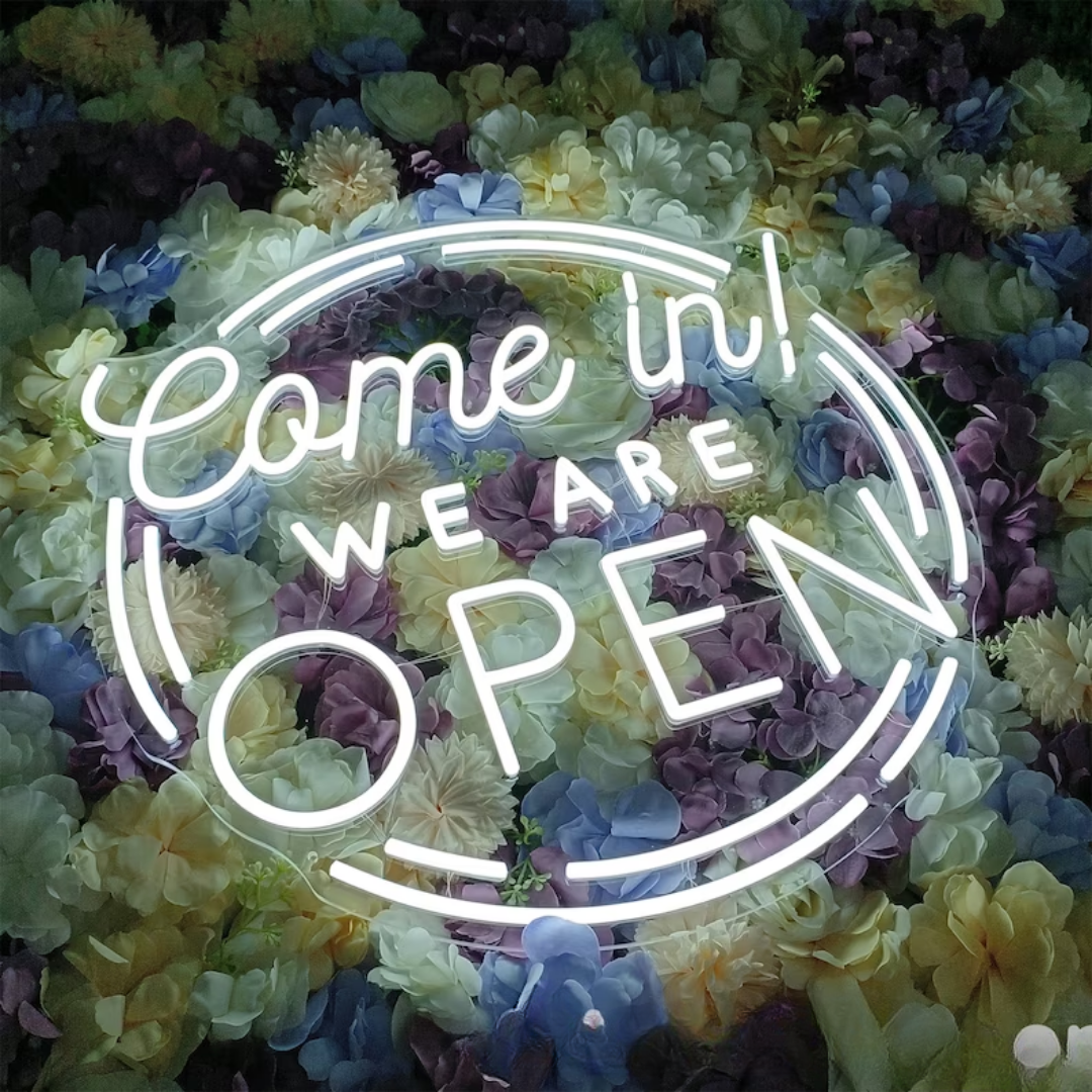 Come in, We are OPEN Neon Sign - Illuminate Your Entrance with Inviting Vibes
