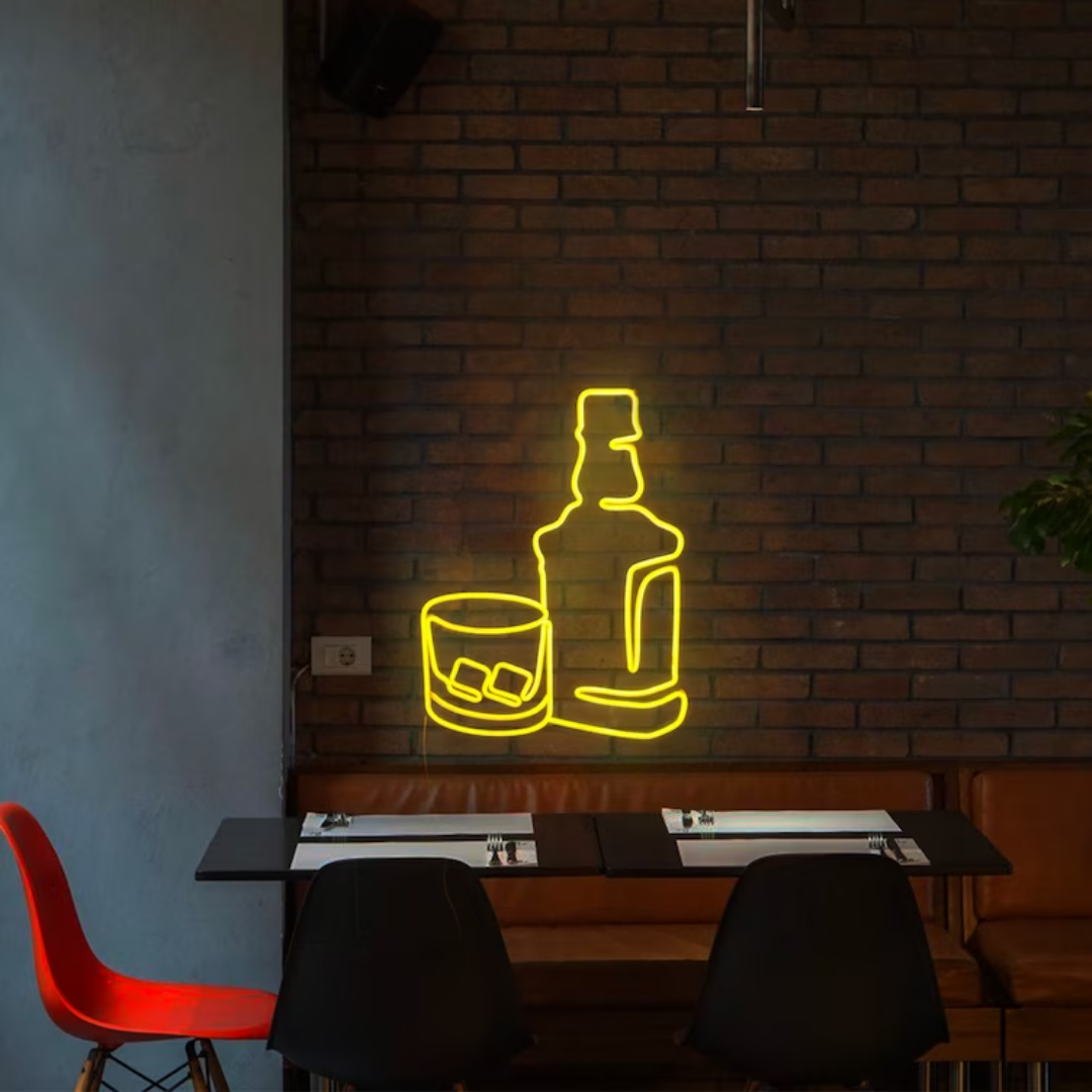 Whiskey Bottle & Glass Neon Sign - Neon Sign for Whiskey Aficionados